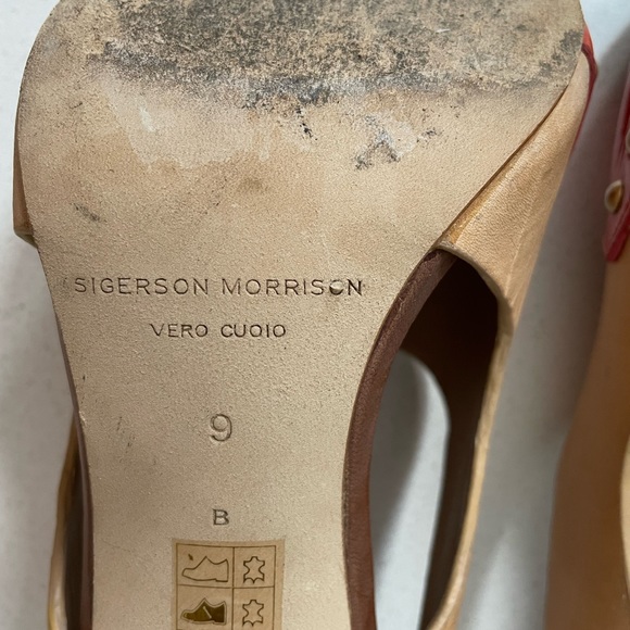 Sigerson Morrison peep toe sandals. Camel and coral color w/ wooden block heel. - Picture 7 of 8